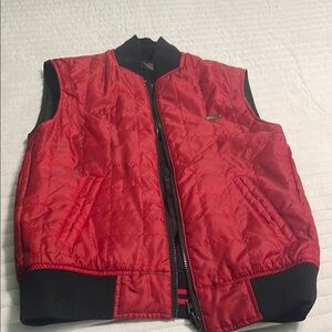 Vibrant Red and Black Puffy Vest with Sporty Style